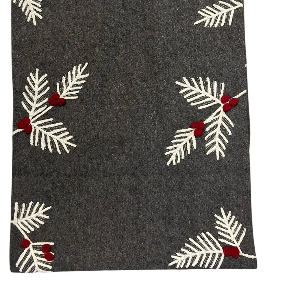 House & Garden Gray Wool Blend Holiday Table Runner w/ Boughs & Red Berries